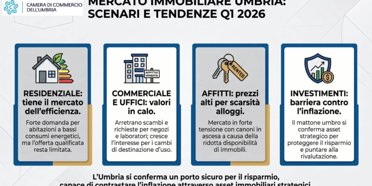 Mercato immobiliare umbro, il residenziale tiene mentre il commerciale arretra e gli affitti restano in tensione